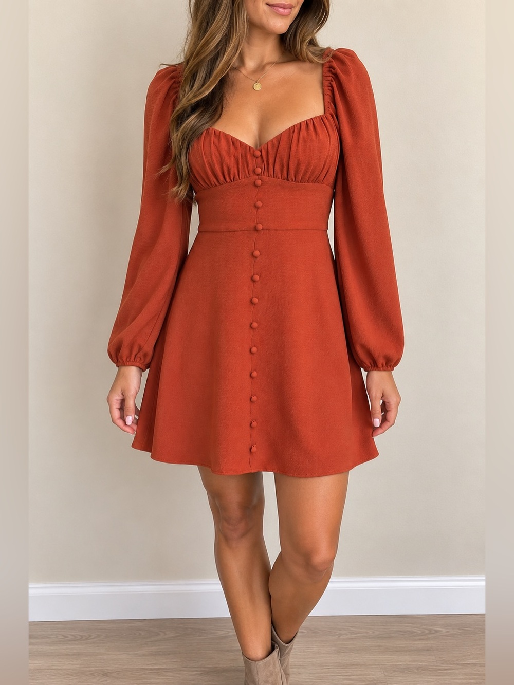 Gianni Bini Rust Orange Long Sleeve Button Front Fall Dress